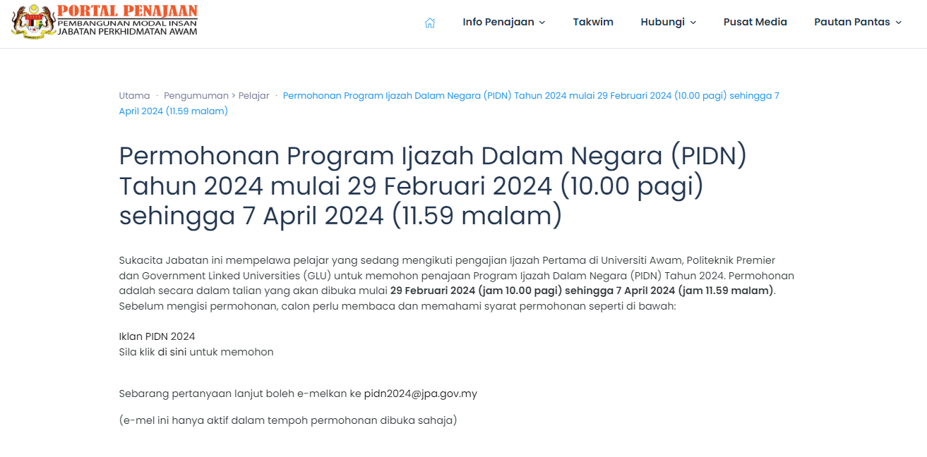 Permohonan Biasiswa Jpa Program Ijazah Dalam Negara Pidn