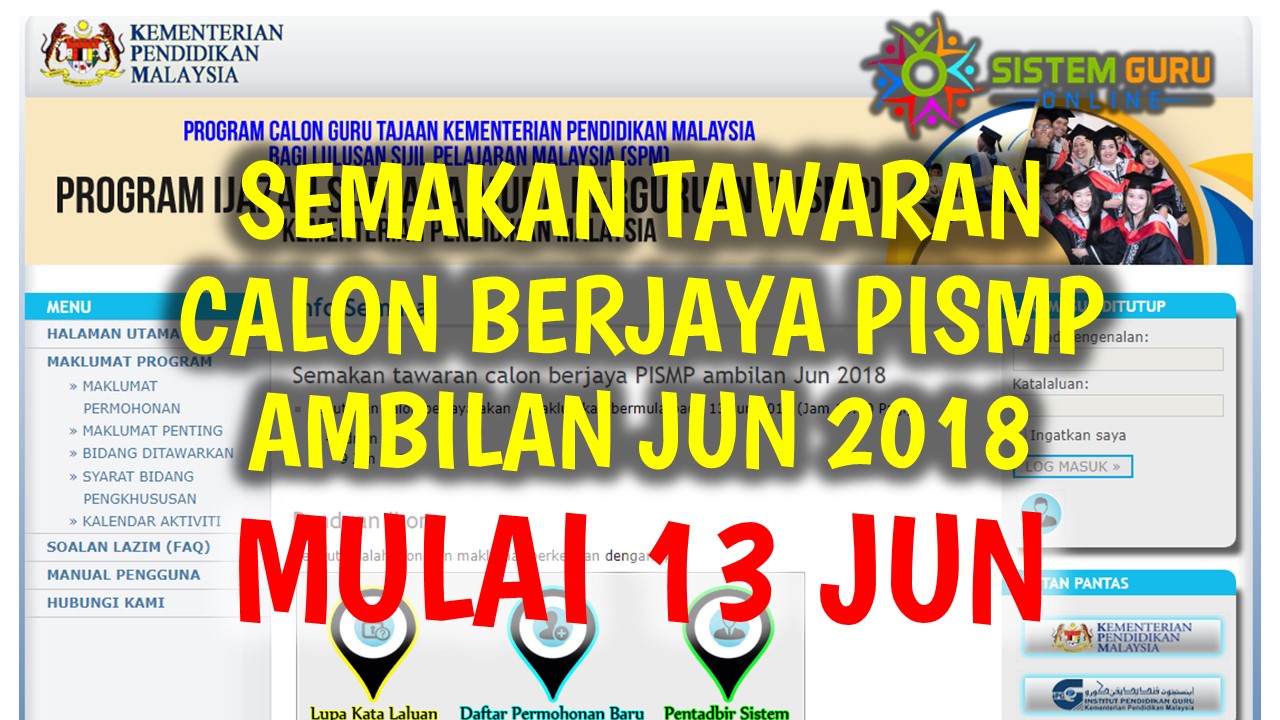 Semakan Tawaran Calon Berjaya Pismp Ambilan Jun 2018 Mulai 13 Jun