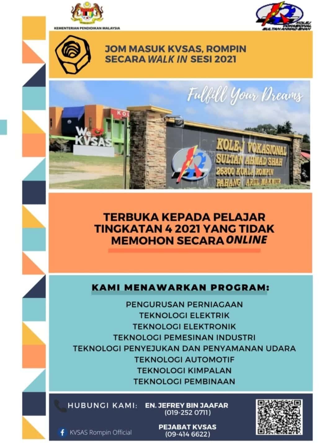 Kekosongan Di Kolej Vokasional Sultan Ahmad Shah Kvsas Rompin Bagi Pelajar Tingkatan 4