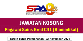 Jawatan Kosong Pegawai Sains Gred C41 (Biomedikal)