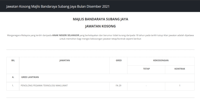 Jawatan Kosong Majlis Bandaraya Subang Jaya 2021