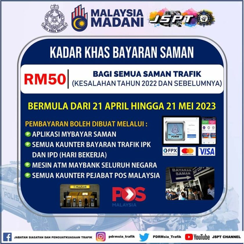 Diskaun Khas Bayar Saman PDRM, Semua Hanya Bayar RM50