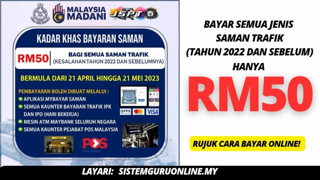 Diskaun Khas Bayar Saman PDRM, Semua Hanya Bayar RM50