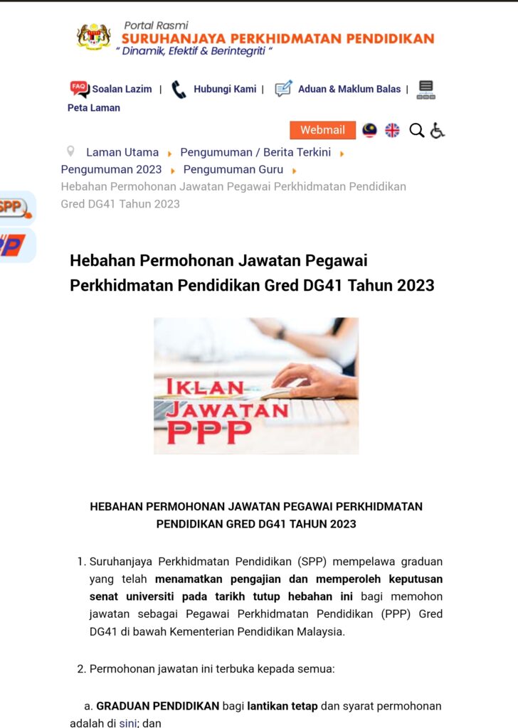 Permohonan Jawatan Pegawai Perkhidmatan Pendidikan Gred DG41 April 2023