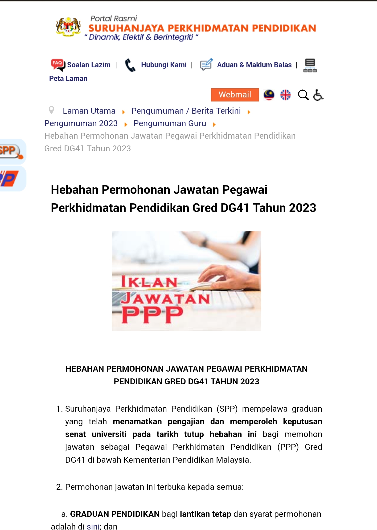 Permohonan Jawatan Pegawai Perkhidmatan Pendidikan Gred DG41 April 2023