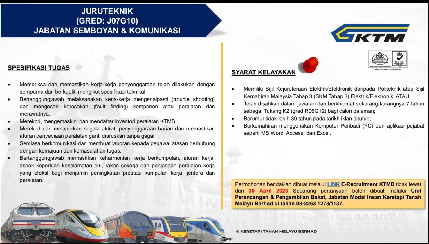 Jawatan Kosong Keretapi Tanah Melayu Berhad Ktmb Mei