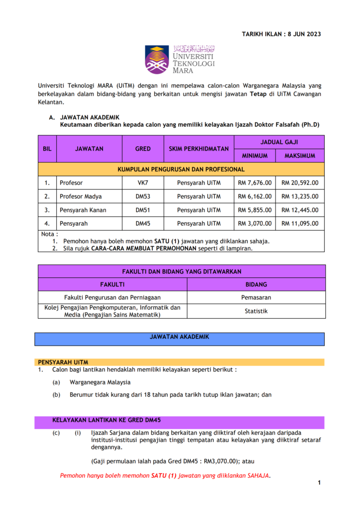 Permohonan Jawatan Kosong Uitm Dibuka Besar Besaran Tahun 2023