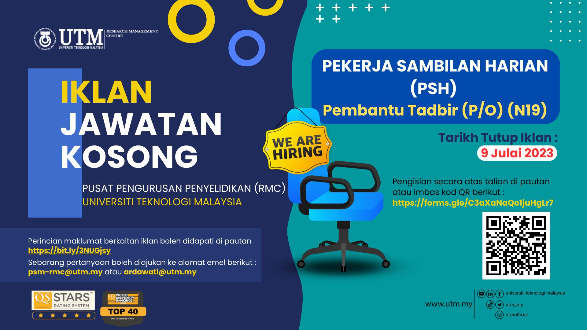 Permohonan Jawatan Kosong Universiti Teknologi Malaysia (UTM) Julai 2023