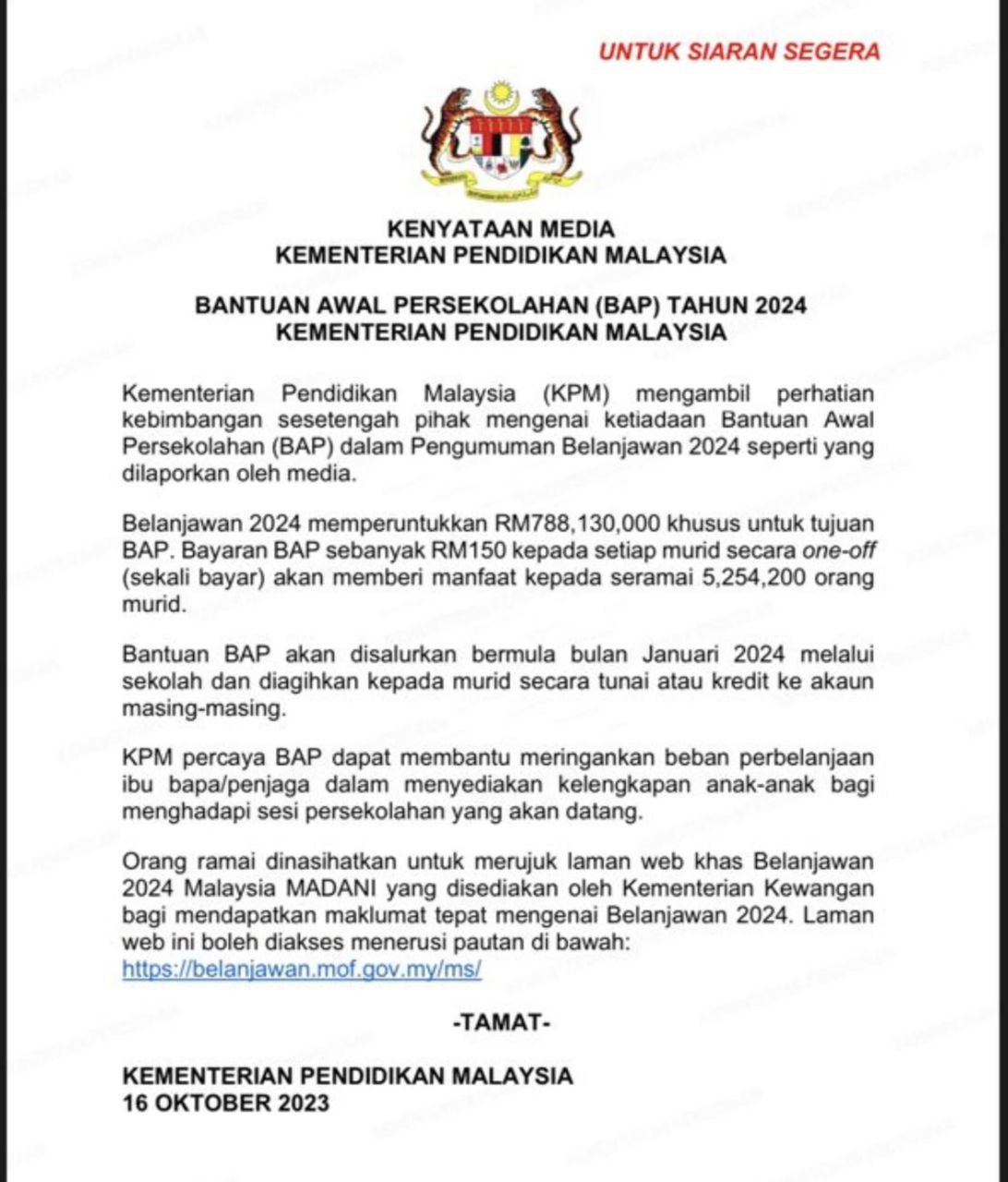 Bantuan Awal Persekolahan 2024 'One-Off' RM150 Disalurkan Bermula ...