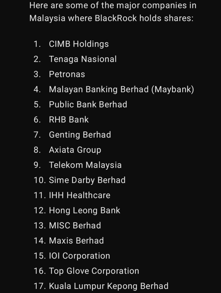 Senarai Pelaburan Syarikat Blackrock di Malaysia